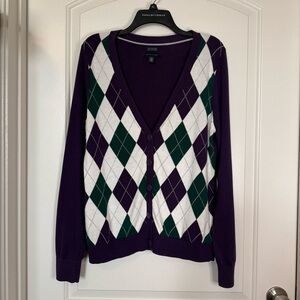 Purple Argyle Cardigan Sweater - Preppy, tennis, golf, country club, academia